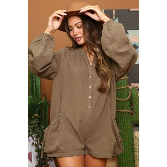 Fantastic Fawn Pants - FANTASTIC FAWN Clothing Olive Romper Jumpsuit Oversized Pockets IFR51689-01 New